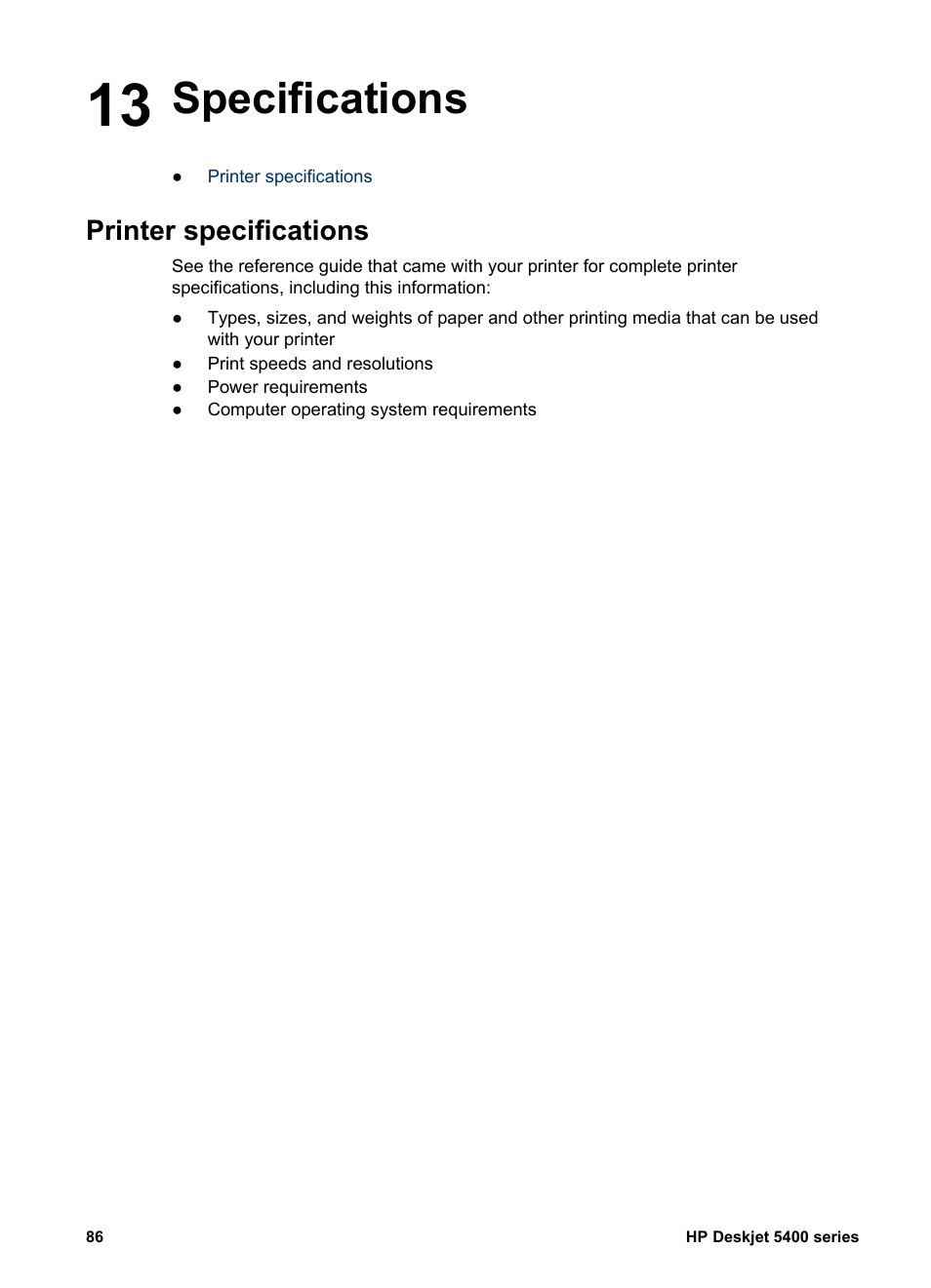 Specifications, Printer specifications, 13 specifications | HP Deskjet 5440 Photo Printer User Manual | Page 88 / 94
