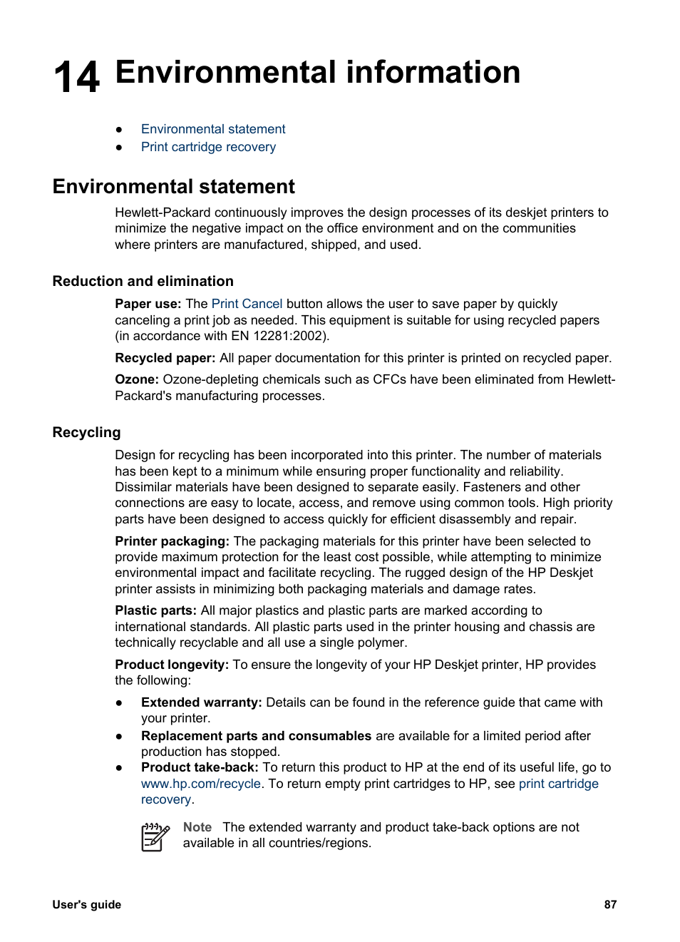 Environmental information, Environmental statement, Reduction and elimination | Recycling, 14 environmental information | HP Deskjet 5440 Photo Printer User Manual | Page 89 / 94