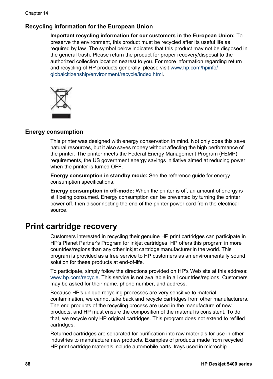 Recycling information for the european union, Energy consumption, Print cartridge recovery | Femp, Energy savings, Print cartridge, Recovery | HP Deskjet 5440 Photo Printer User Manual | Page 90 / 94