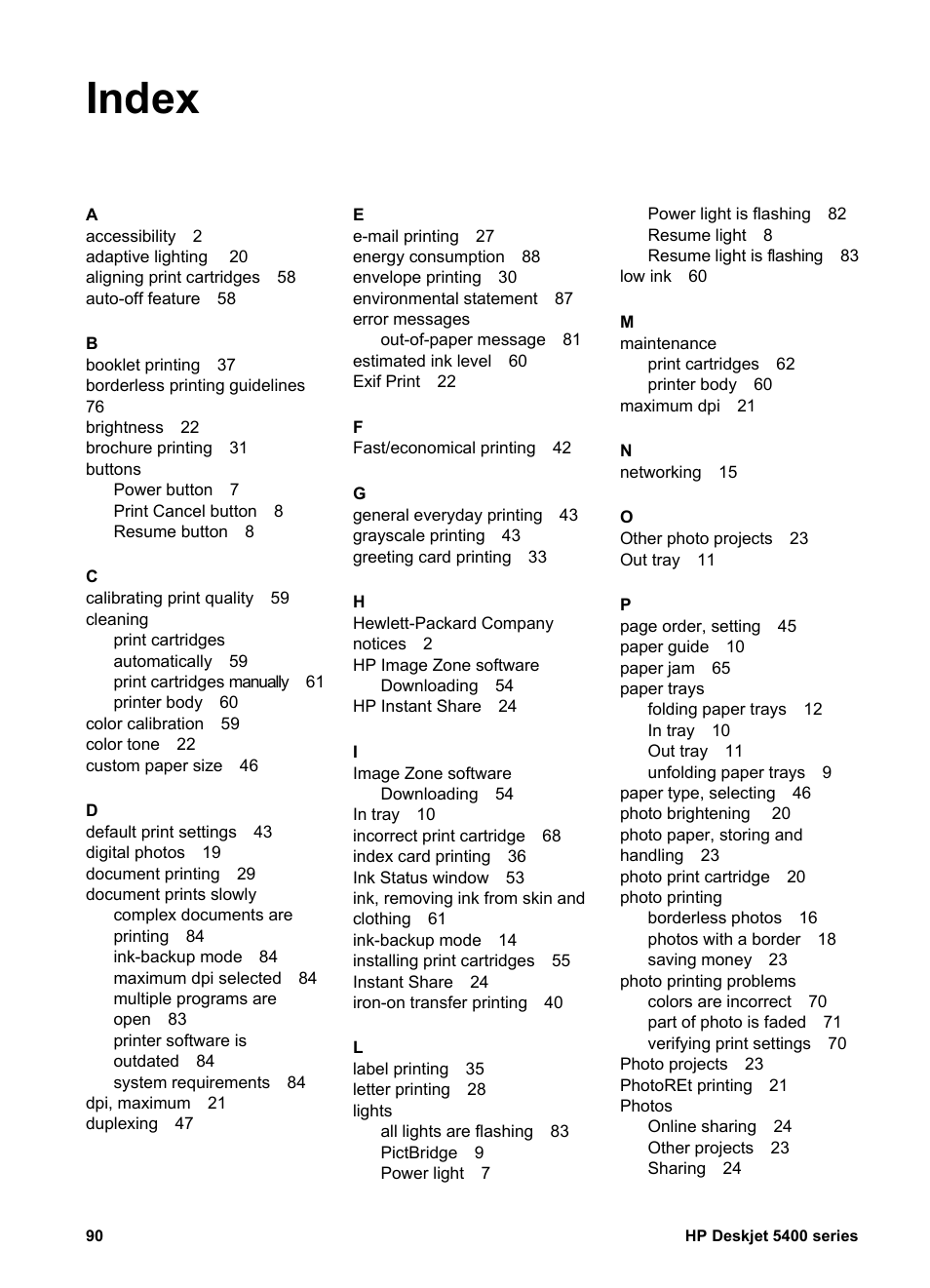 Index | HP Deskjet 5440 Photo Printer User Manual | Page 92 / 94
