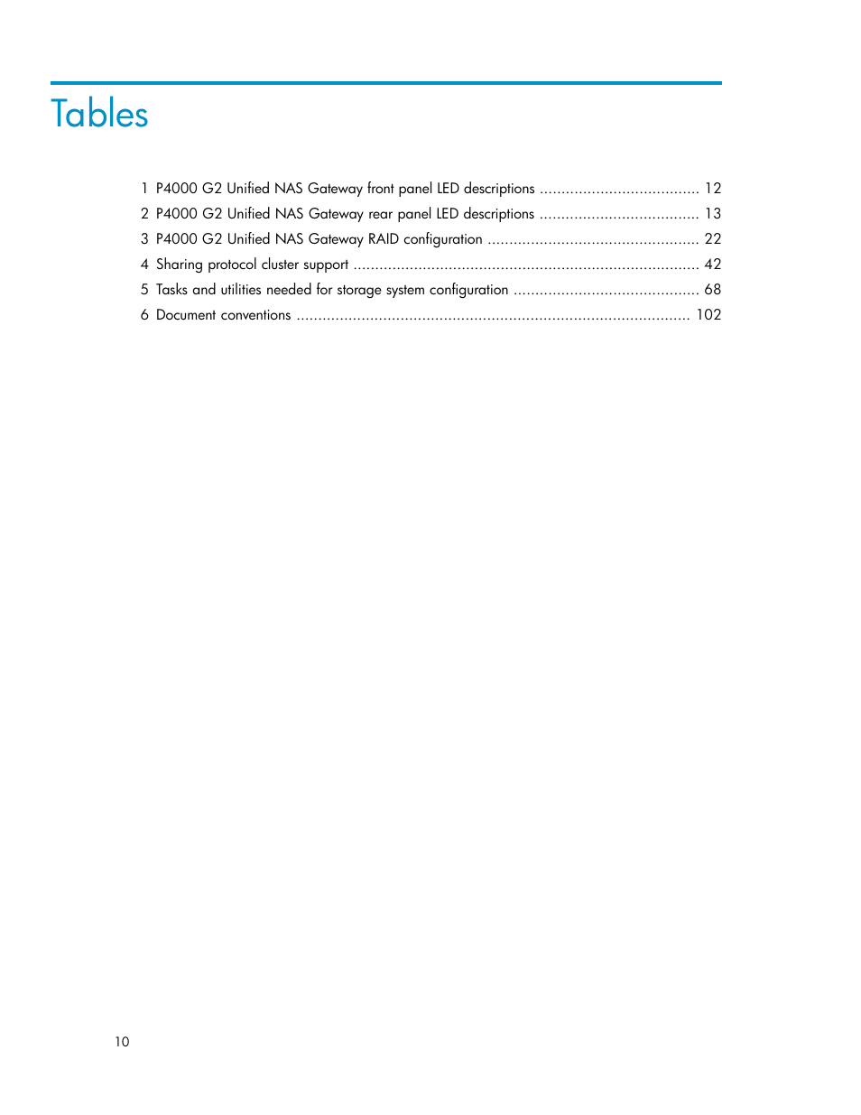 Tables | HP StoreVirtual 4000 Storage User Manual | Page 10 / 128