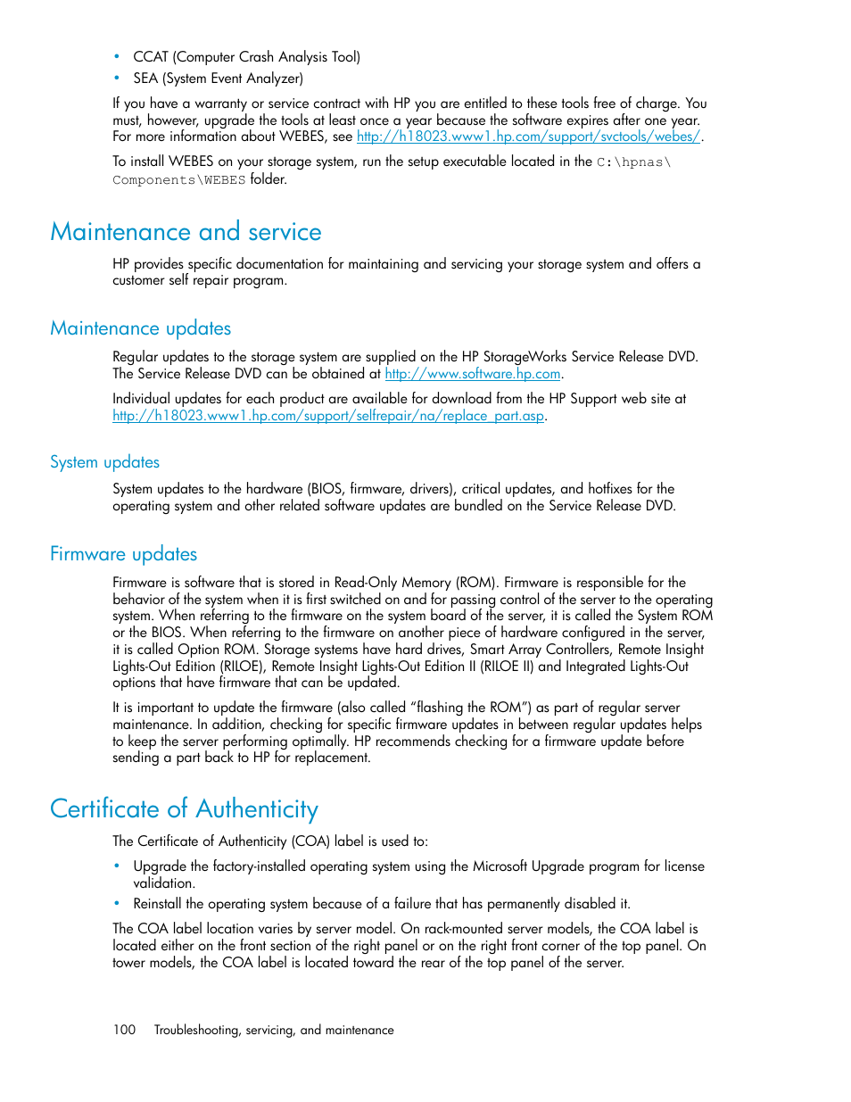 Maintenance and service, Maintenance updates, System updates | Firmware updates, Certificate of authenticity | HP StoreVirtual 4000 Storage User Manual | Page 100 / 128