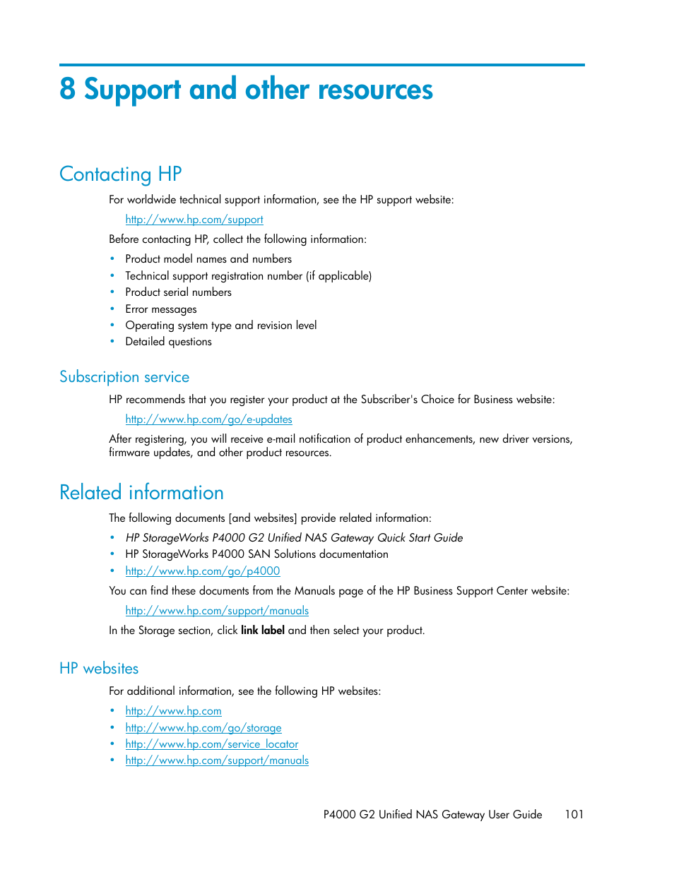 8 support and other resources, Contacting hp, Subscription service | Related information, Hp websites | HP StoreVirtual 4000 Storage User Manual | Page 101 / 128