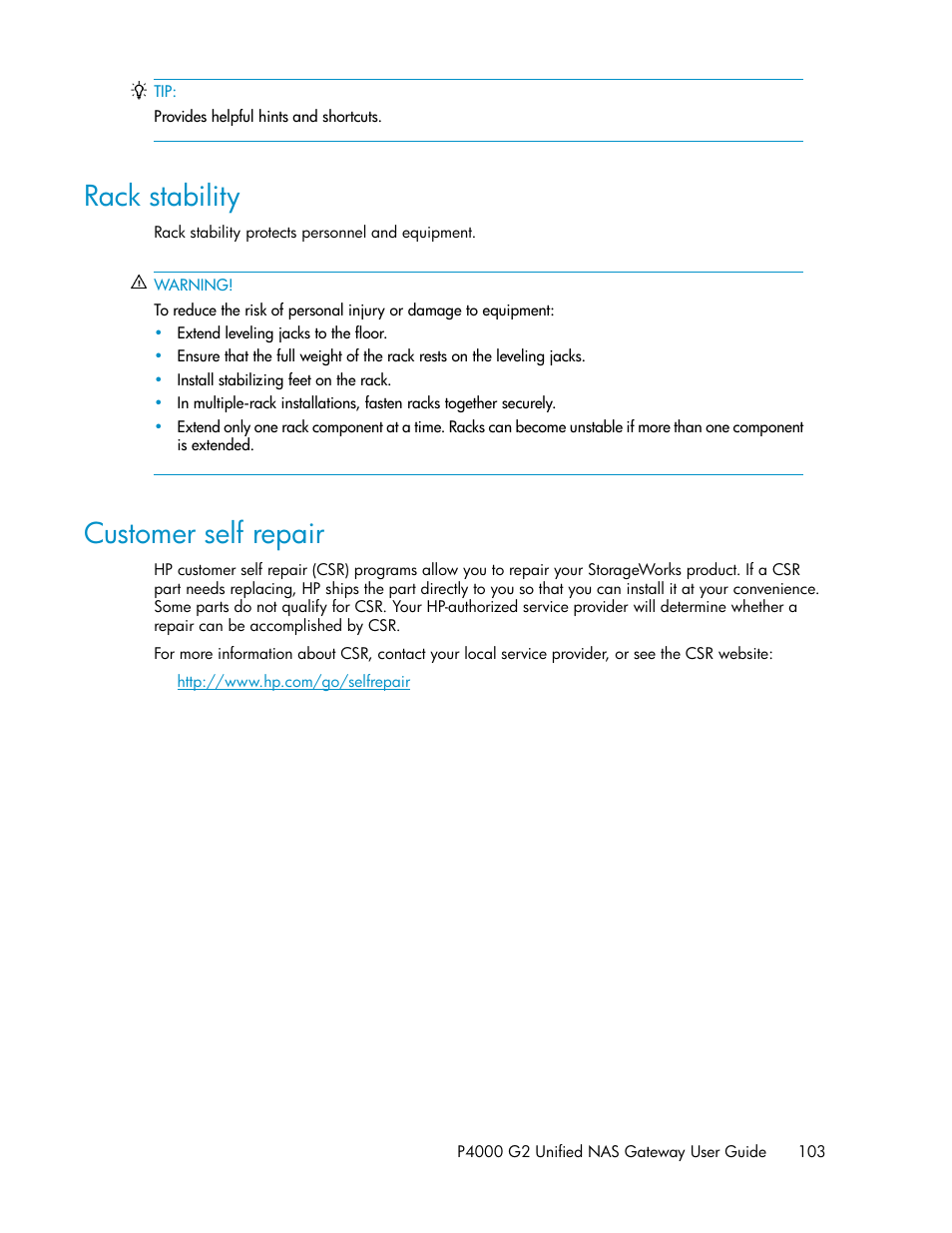 Rack stability, Customer self repair, 103 customer self repair | HP StoreVirtual 4000 Storage User Manual | Page 103 / 128