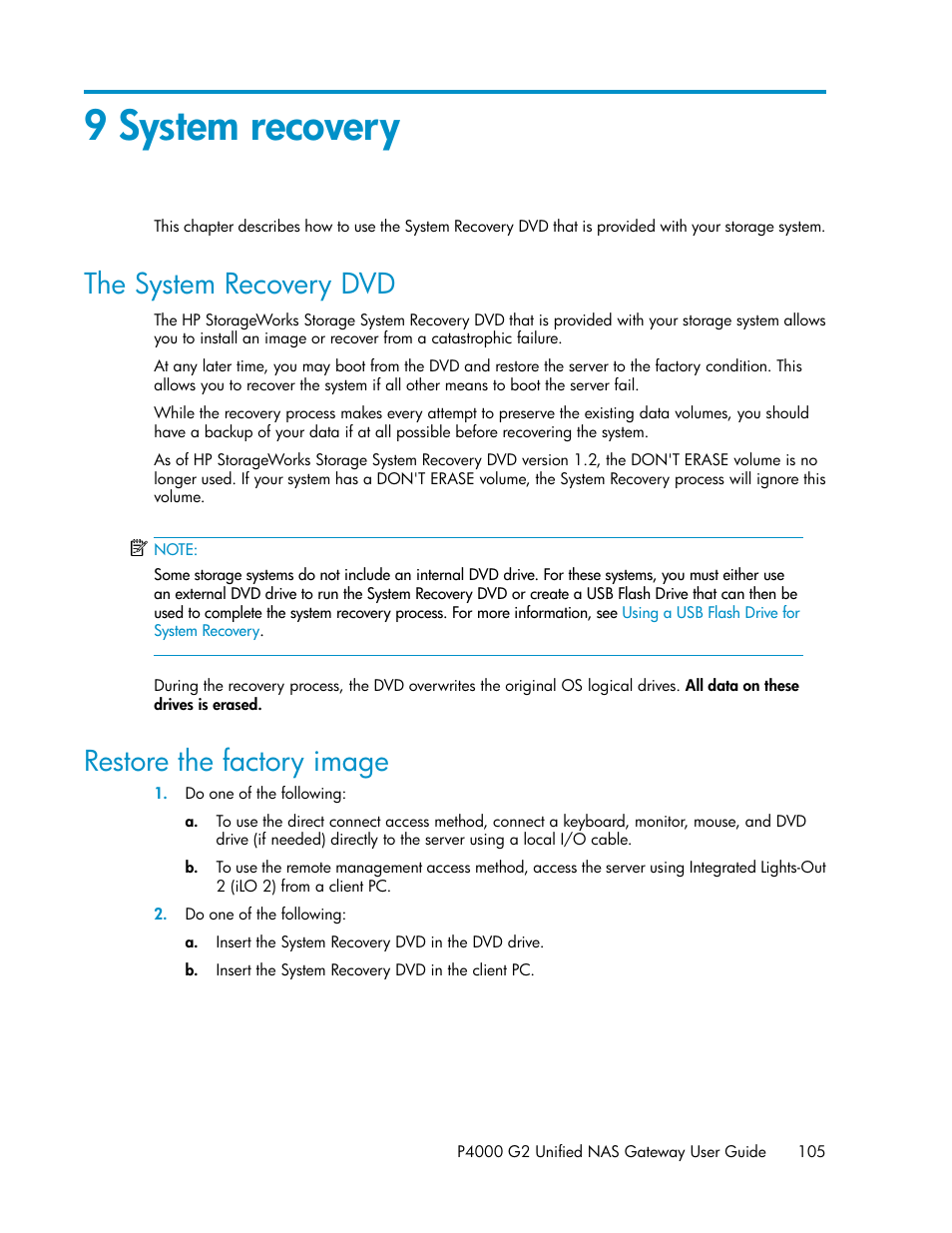 9 system recovery, The system recovery dvd, Restore the factory image | 105 restore the factory image, System recovery | HP StoreVirtual 4000 Storage User Manual | Page 105 / 128
