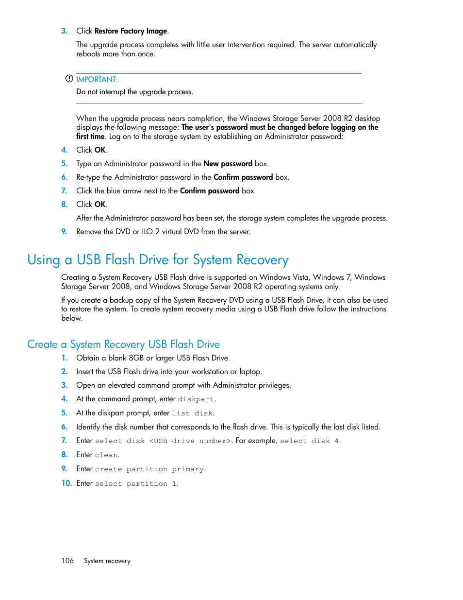 Using a usb flash drive for system recovery, Create a system recovery usb flash drive | HP StoreVirtual 4000 Storage User Manual | Page 106 / 128