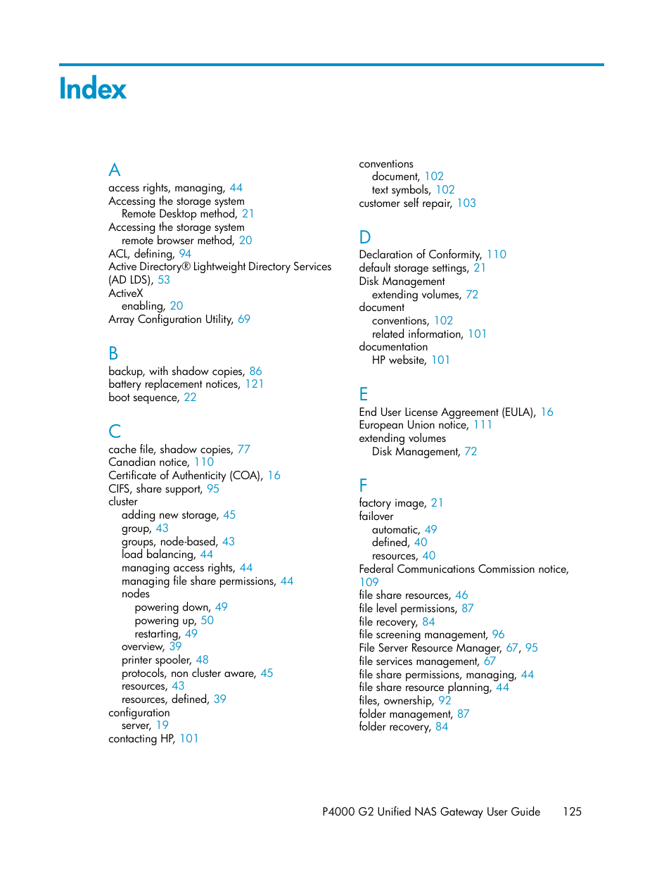 Index | HP StoreVirtual 4000 Storage User Manual | Page 125 / 128