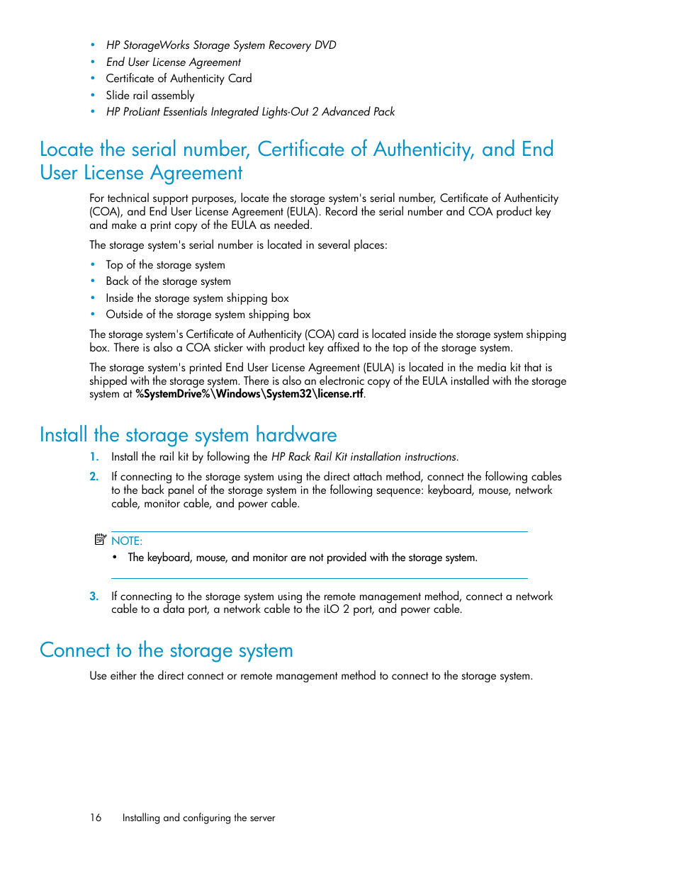 Install the storage system hardware, Connect to the storage system, 16 install the storage system hardware | 16 connect to the storage system | HP StoreVirtual 4000 Storage User Manual | Page 16 / 128