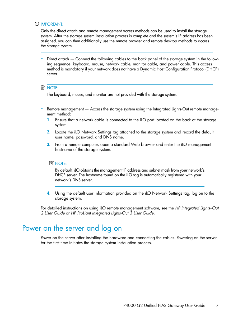 Power on the server and log on | HP StoreVirtual 4000 Storage User Manual | Page 17 / 128