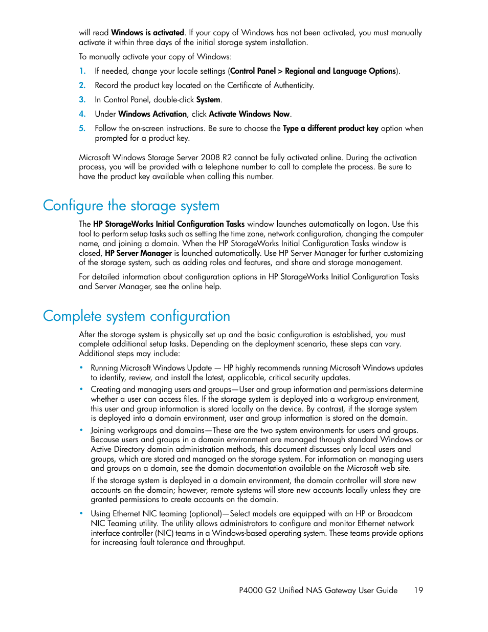 Configure the storage system, Complete system configuration, 19 complete system configuration | HP StoreVirtual 4000 Storage User Manual | Page 19 / 128