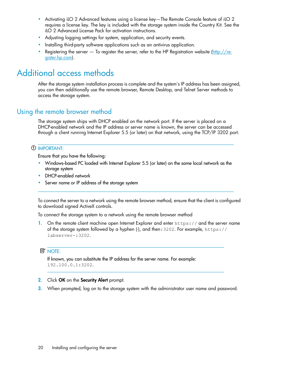 Additional access methods, Using the remote browser method | HP StoreVirtual 4000 Storage User Manual | Page 20 / 128