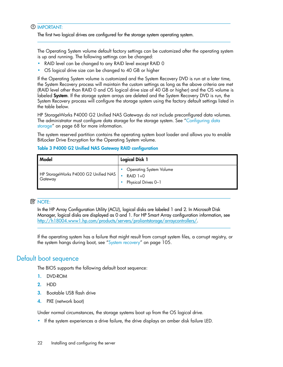 Default boot sequence, P4000 g2 unified nas gateway raid configuration | HP StoreVirtual 4000 Storage User Manual | Page 22 / 128