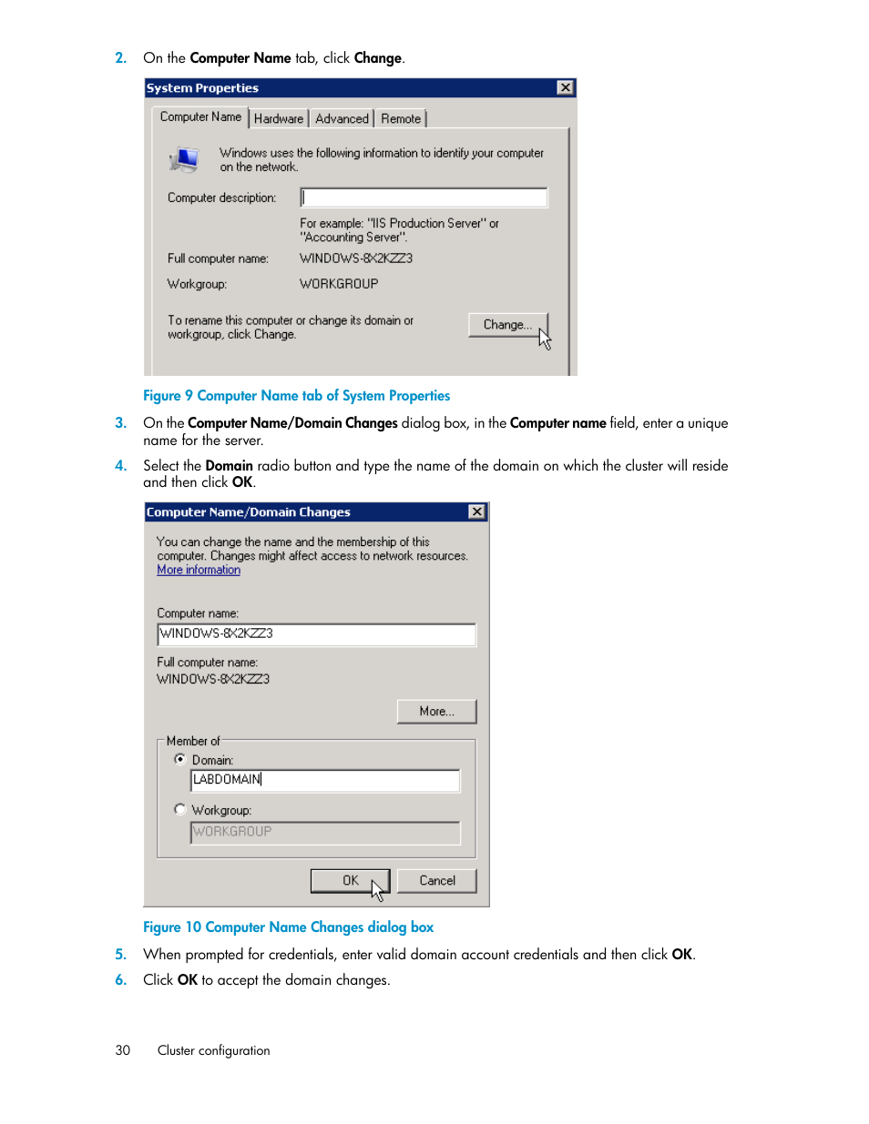 Computer name tab of system properties, Computer name changes dialog box | HP StoreVirtual 4000 Storage User Manual | Page 30 / 128