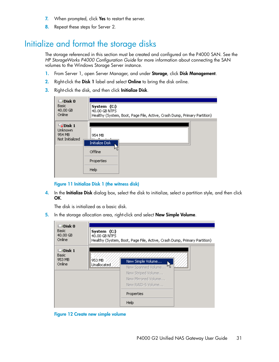 Initialize and format the storage disks, Initialize disk 1 (the witness disk), Create new simple volume | HP StoreVirtual 4000 Storage User Manual | Page 31 / 128