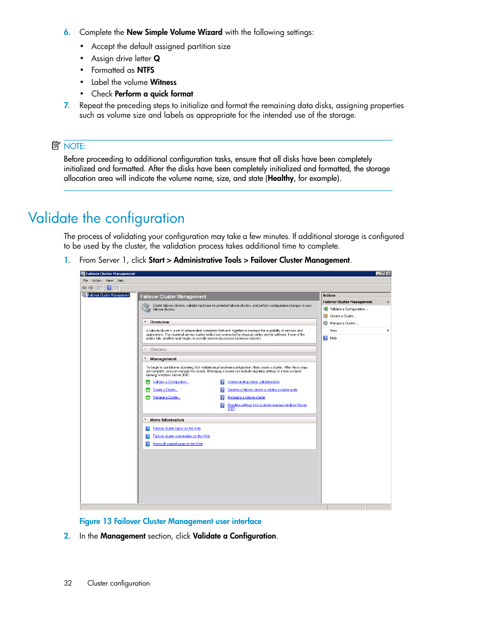 Validate the configuration, Failover cluster management user interface | HP StoreVirtual 4000 Storage User Manual | Page 32 / 128