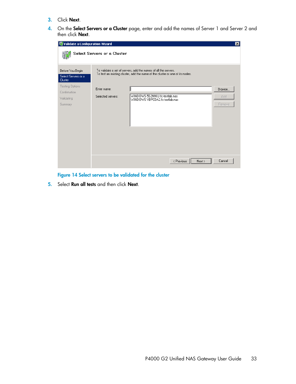 Select servers to be validated for the cluster | HP StoreVirtual 4000 Storage User Manual | Page 33 / 128