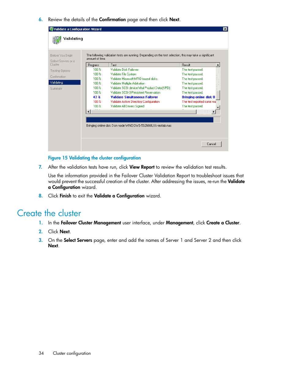 Create the cluster, Validating the cluster configuration | HP StoreVirtual 4000 Storage User Manual | Page 34 / 128