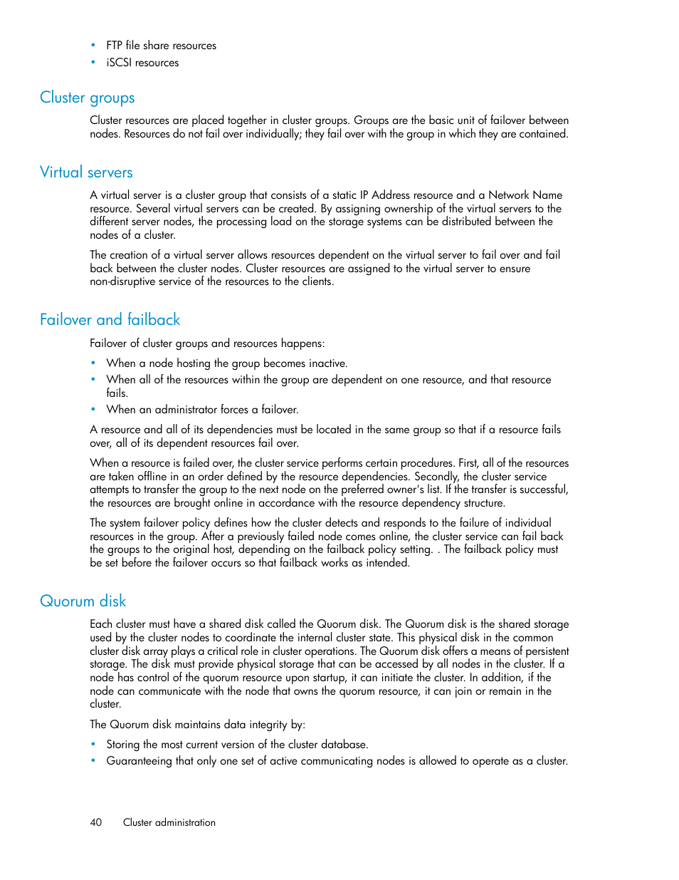 Cluster groups, Virtual servers, Failover and failback | Quorum disk, 40 virtual servers, 40 failover and failback, 40 quorum disk | HP StoreVirtual 4000 Storage User Manual | Page 40 / 128