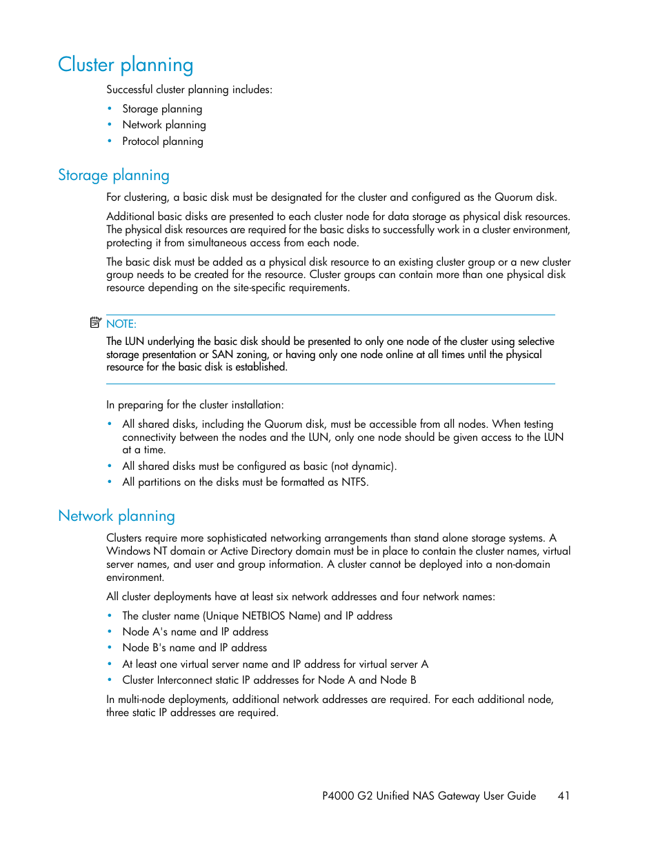 Cluster planning, Storage planning, Network planning | HP StoreVirtual 4000 Storage User Manual | Page 41 / 128