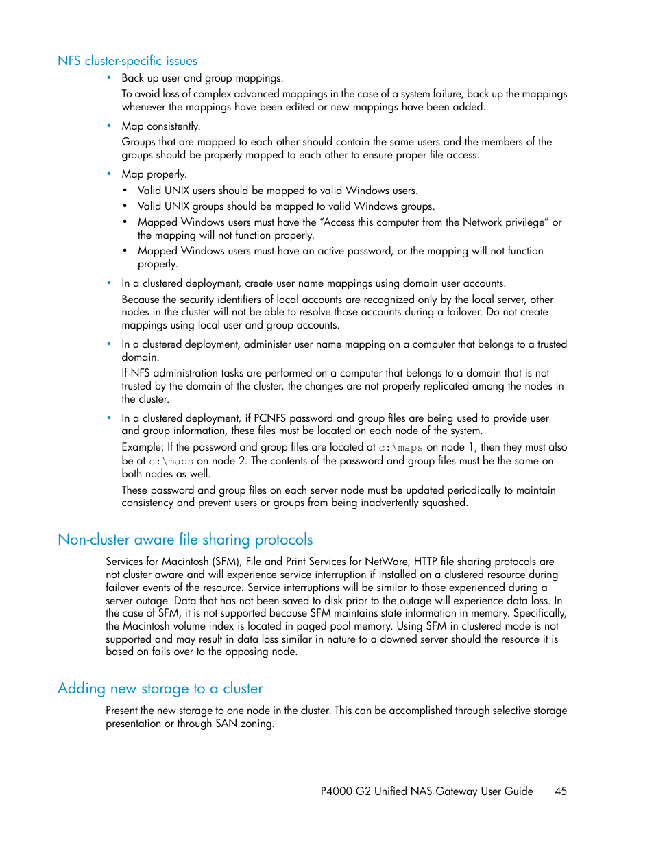 Nfs cluster-specific issues, Non-cluster aware file sharing protocols, Adding new storage to a cluster | 45 adding new storage to a cluster | HP StoreVirtual 4000 Storage User Manual | Page 45 / 128