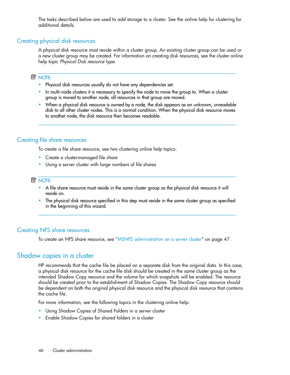 Creating physical disk resources, Creating file share resources, Creating nfs share resources | Shadow copies in a cluster, 46 creating file share resources, 46 creating nfs share resources | HP StoreVirtual 4000 Storage User Manual | Page 46 / 128