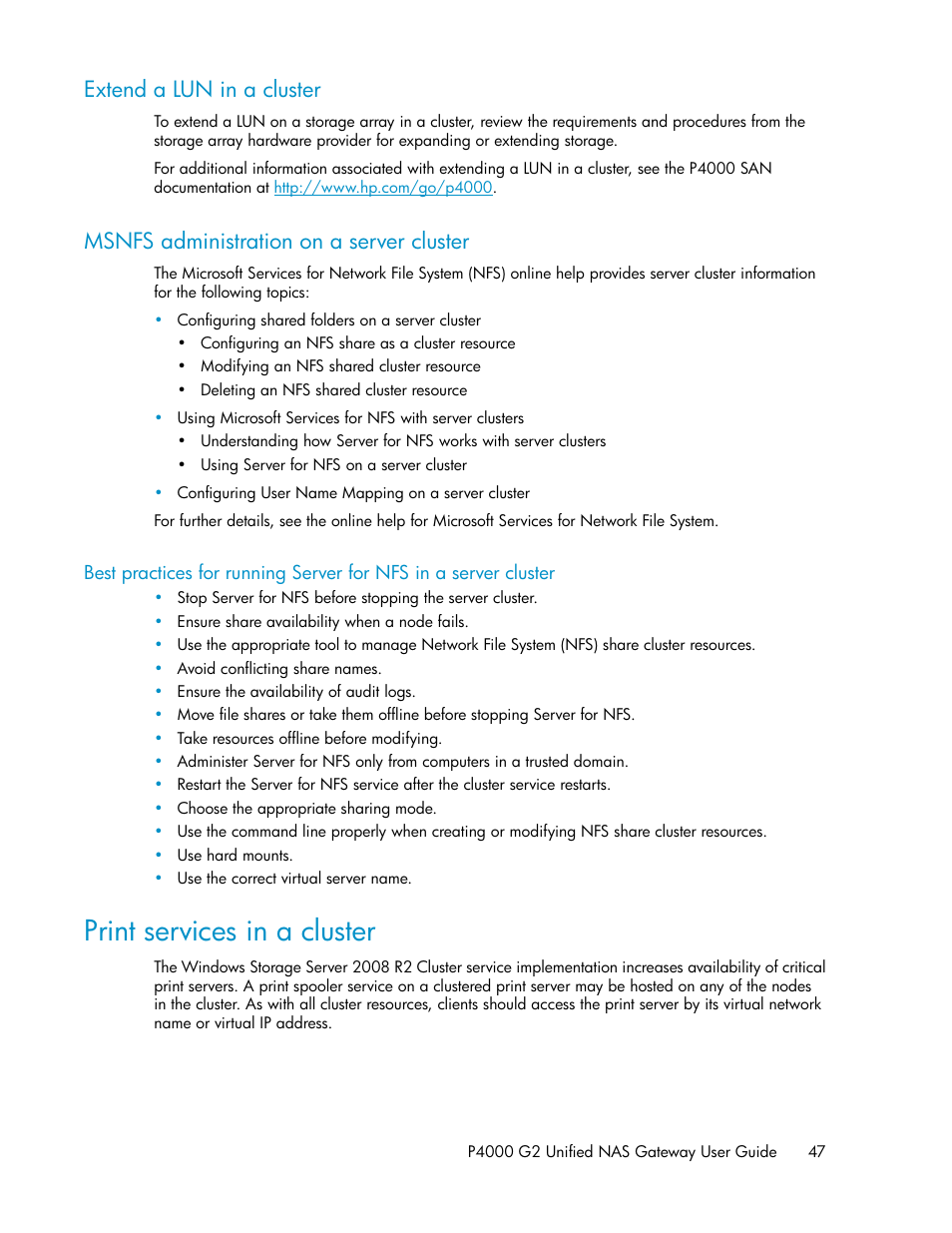 Extend a lun in a cluster, Msnfs administration on a server cluster, Print services in a cluster | 47 msnfs administration on a server cluster | HP StoreVirtual 4000 Storage User Manual | Page 47 / 128