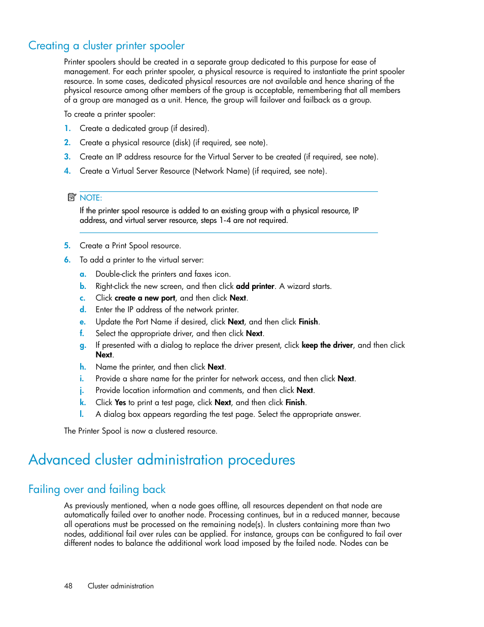 Creating a cluster printer spooler, Advanced cluster administration procedures, Failing over and failing back | HP StoreVirtual 4000 Storage User Manual | Page 48 / 128