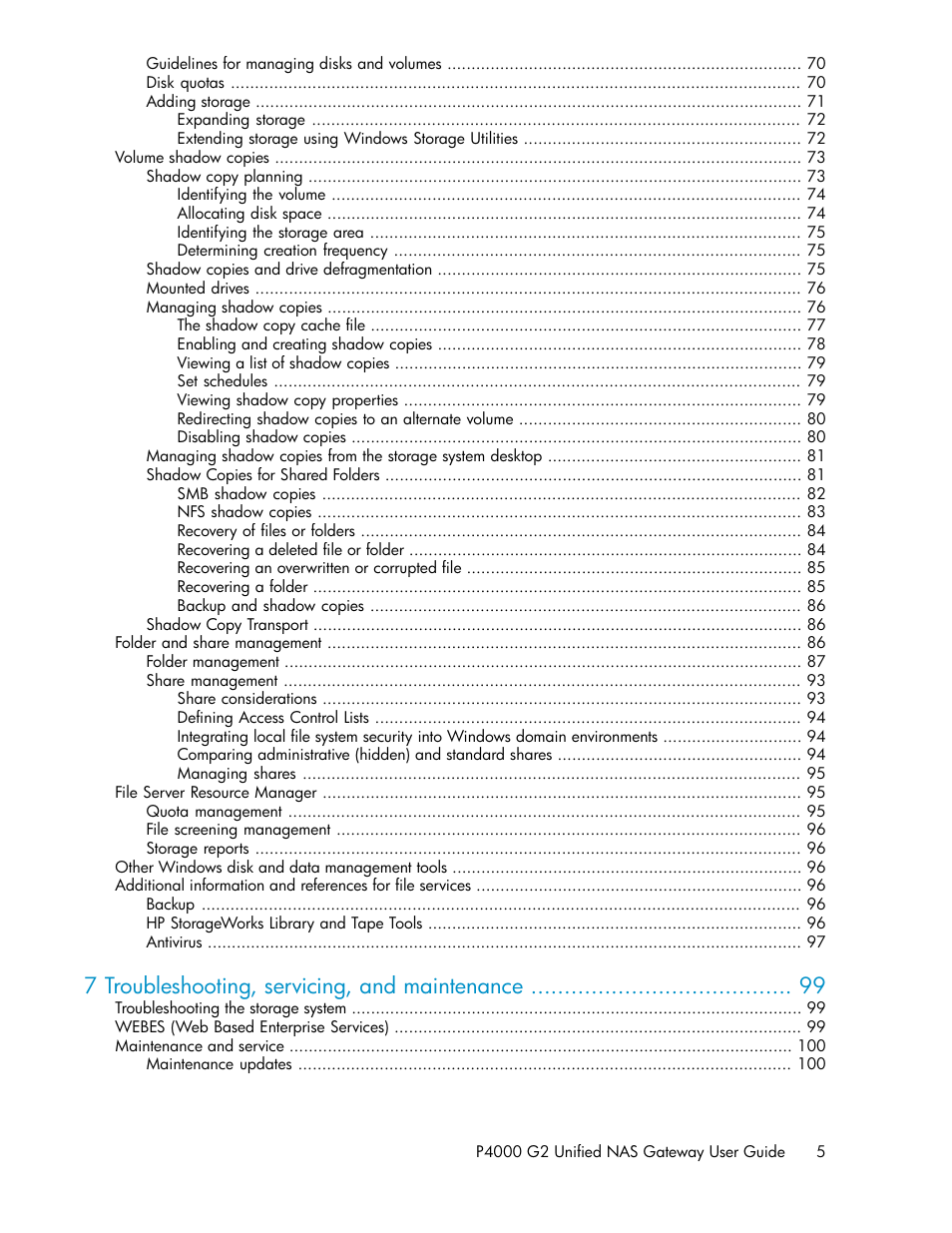 7 troubleshooting, servicing, and maintenance | HP StoreVirtual 4000 Storage User Manual | Page 5 / 128