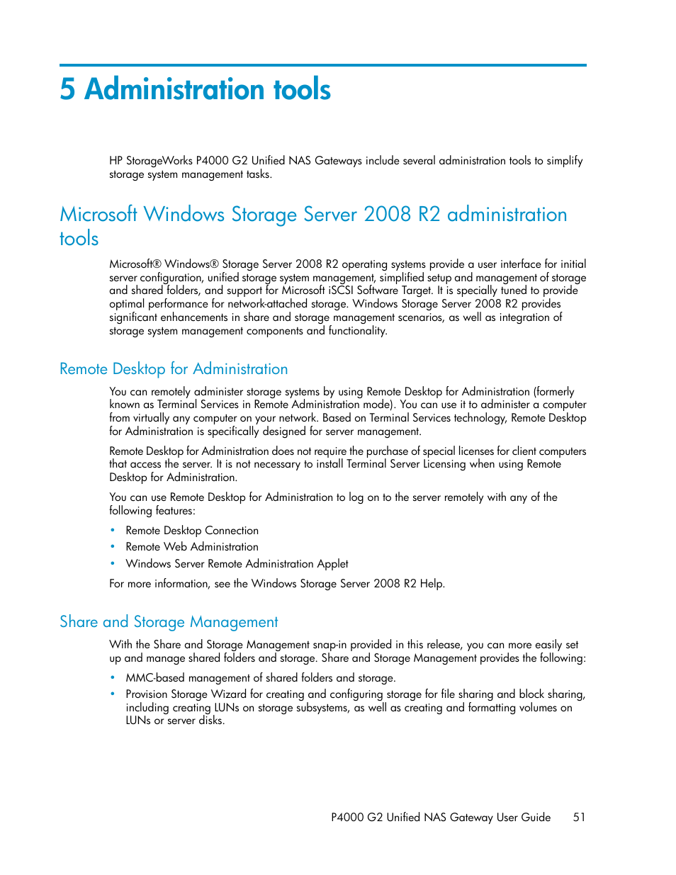 5 administration tools, Remote desktop for administration, Share and storage management | 51 share and storage management | HP StoreVirtual 4000 Storage User Manual | Page 51 / 128