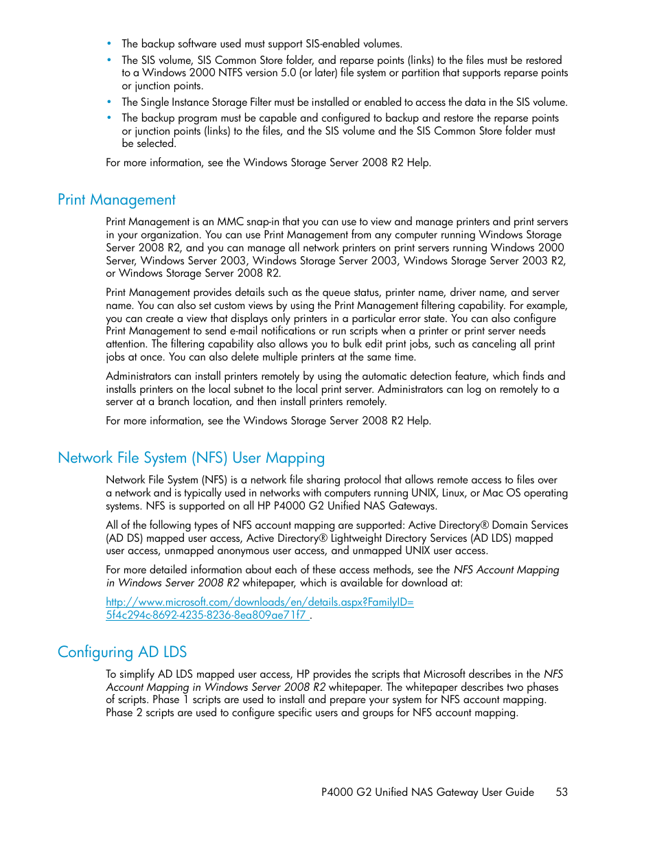 Print management, Network file system (nfs) user mapping, Configuring ad lds | 53 network file system (nfs) user mapping, 53 configuring ad lds | HP StoreVirtual 4000 Storage User Manual | Page 53 / 128