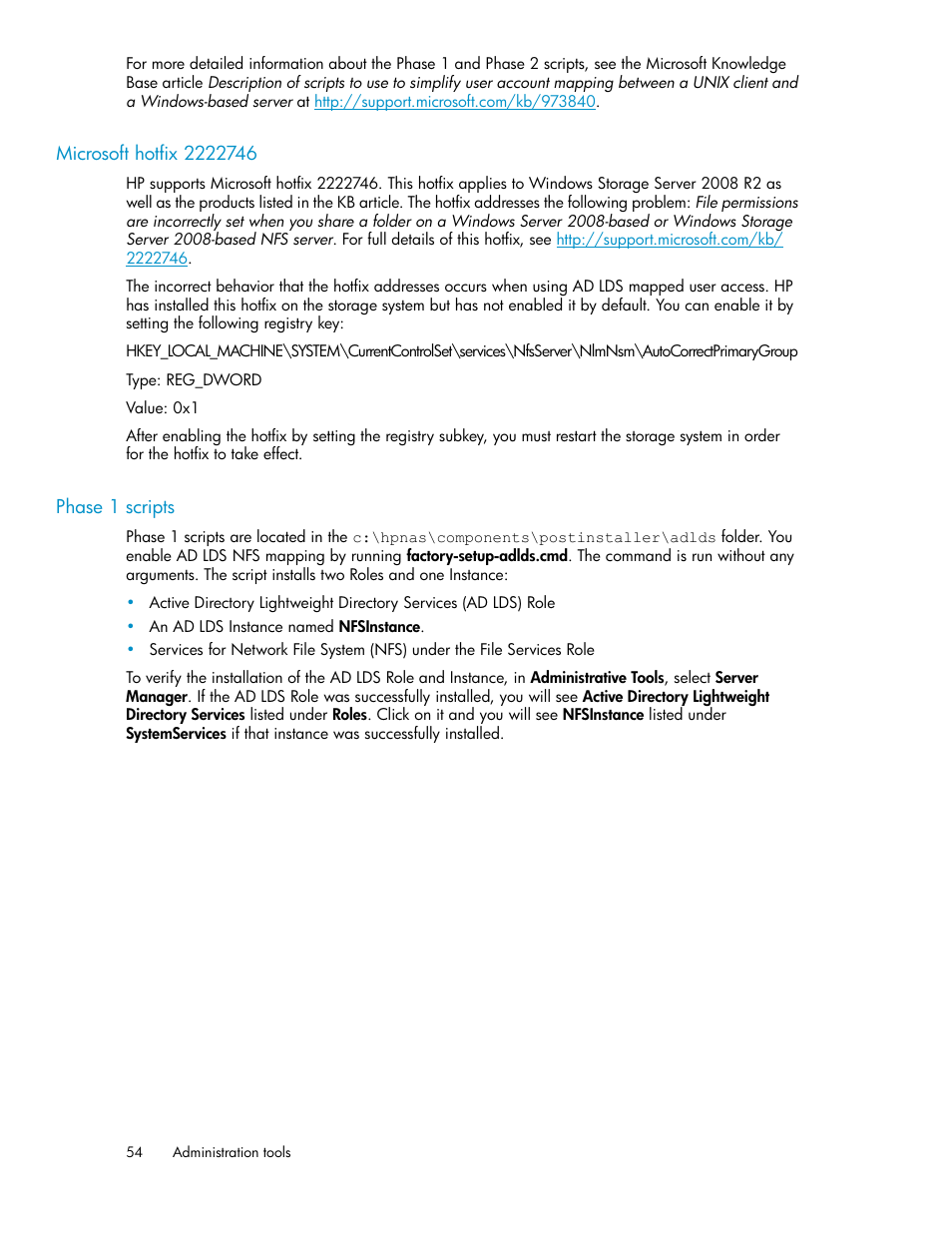 Microsoft hotfix 2222746, Phase 1 scripts, 54 phase 1 scripts | HP StoreVirtual 4000 Storage User Manual | Page 54 / 128