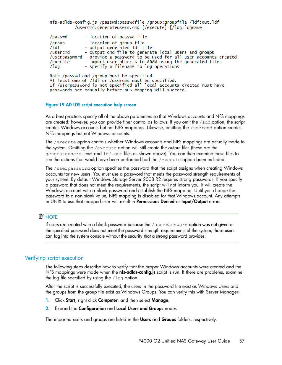Verifying script execution, Ad lds script execution help screen | HP StoreVirtual 4000 Storage User Manual | Page 57 / 128