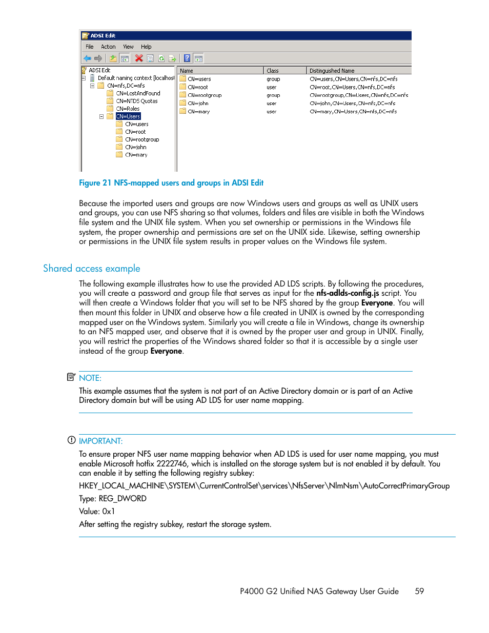 Shared access example, Nfs-mapped users and groups in adsi edit | HP StoreVirtual 4000 Storage User Manual | Page 59 / 128