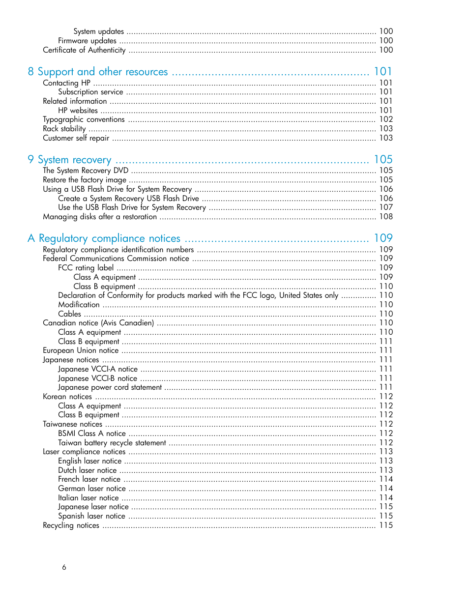 8 support and other resources, 9 system recovery, A regulatory compliance notices | HP StoreVirtual 4000 Storage User Manual | Page 6 / 128