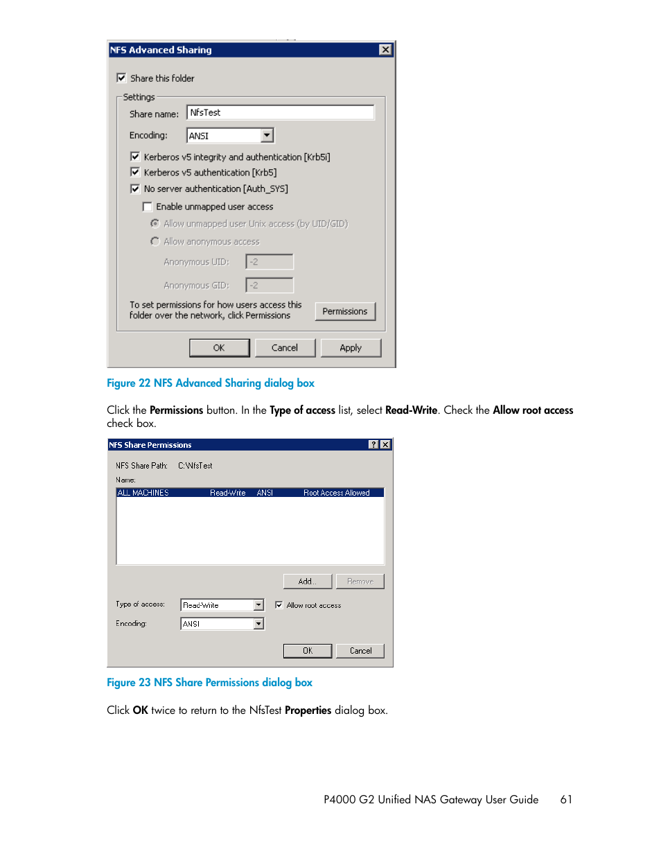 Nfs advanced sharing dialog box, Nfs share permissions dialog box | HP StoreVirtual 4000 Storage User Manual | Page 61 / 128