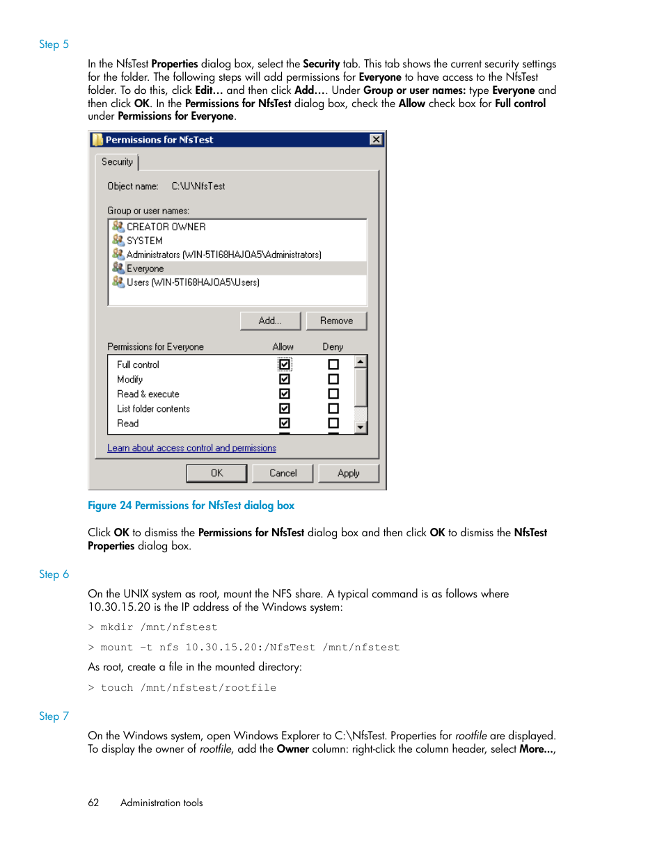 Permissions for nfstest dialog box | HP StoreVirtual 4000 Storage User Manual | Page 62 / 128