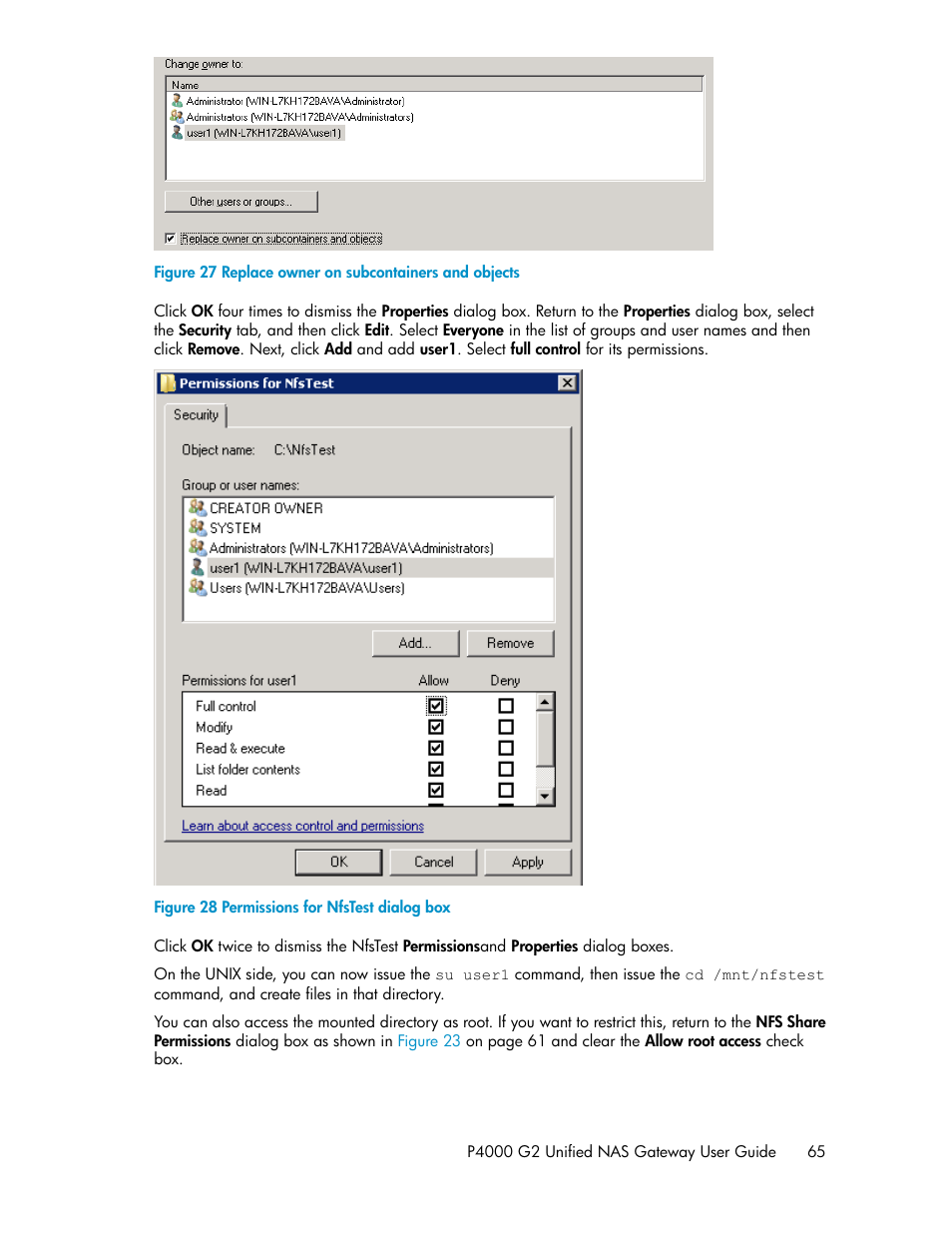 Replace owner on subcontainers and objects, Permissions for nfstest dialog box | HP StoreVirtual 4000 Storage User Manual | Page 65 / 128