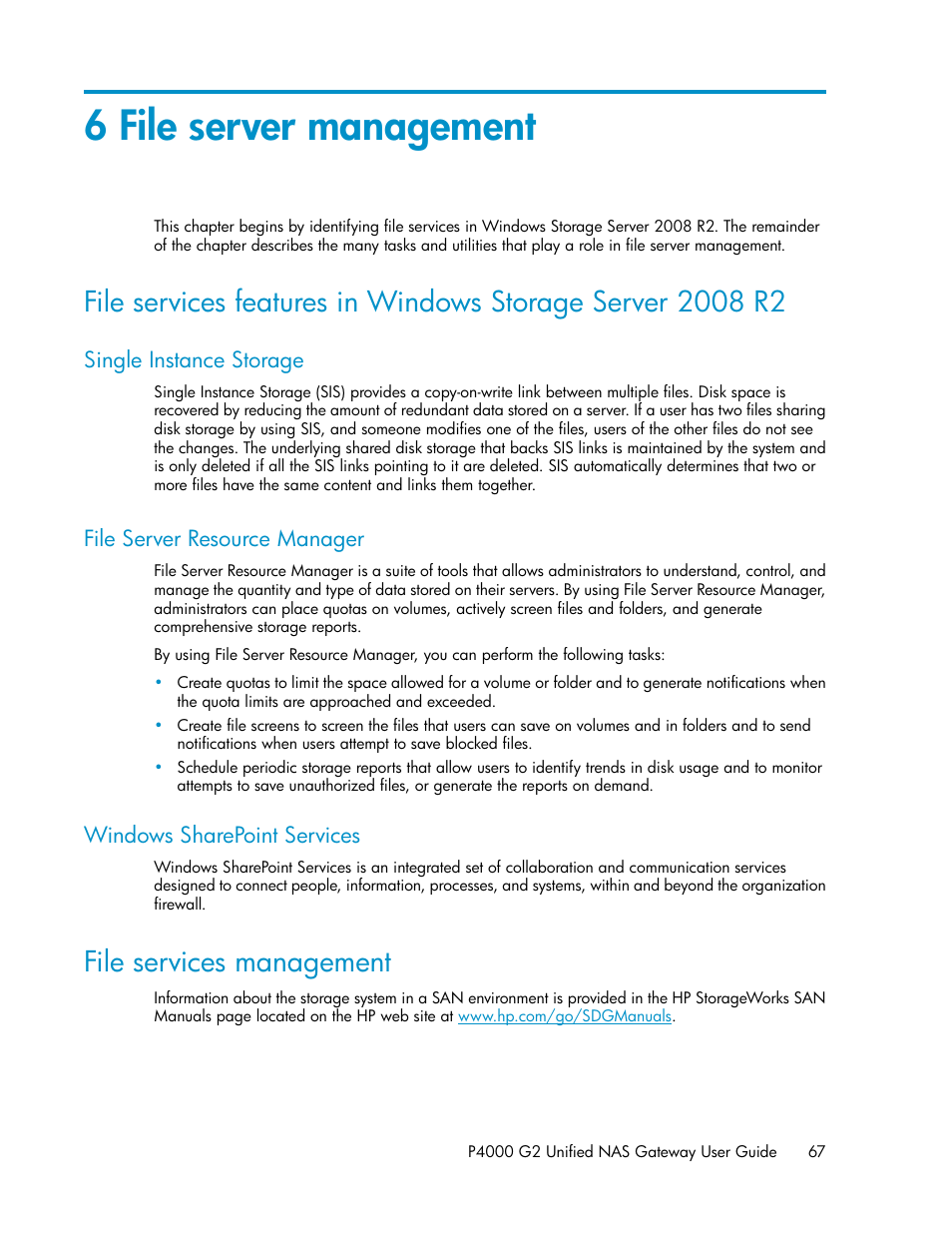 6 file server management, Single instance storage, File server resource manager | Windows sharepoint services, File services management, 67 file server resource manager, 67 windows sharepoint services | HP StoreVirtual 4000 Storage User Manual | Page 67 / 128