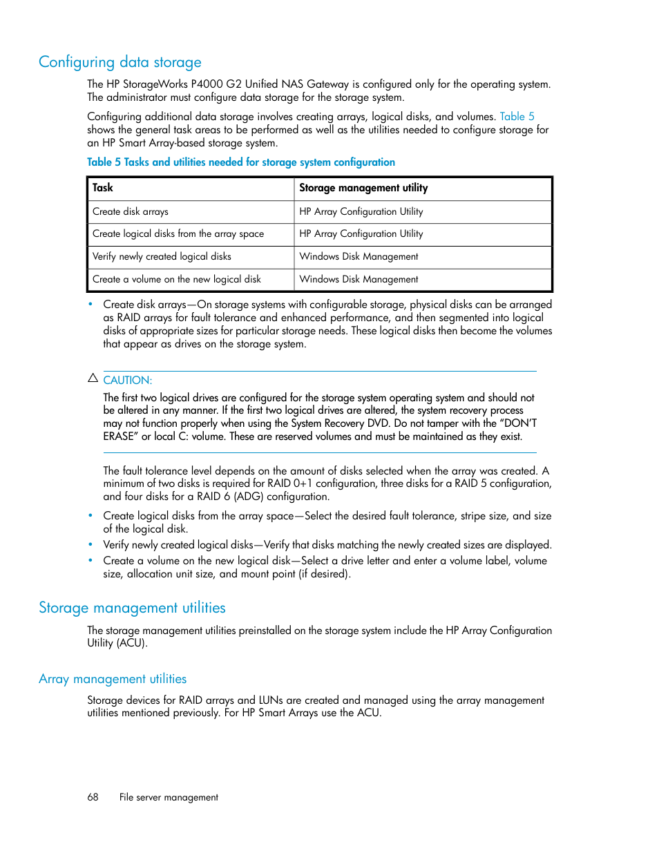 Configuring data storage, Storage management utilities, Array management utilities | 68 storage management utilities, Configuring data, Storage | HP StoreVirtual 4000 Storage User Manual | Page 68 / 128