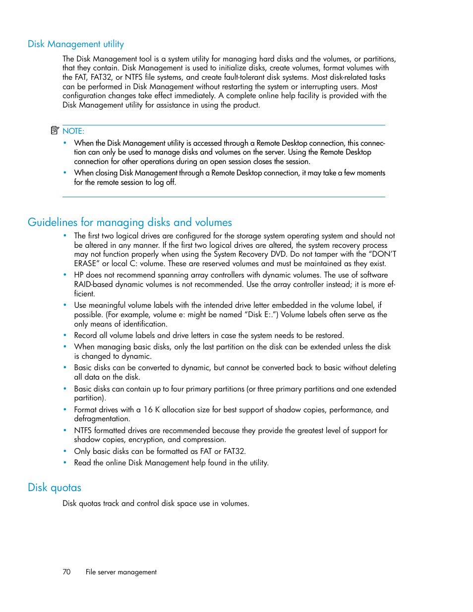 Disk management utility, Guidelines for managing disks and volumes, Disk quotas | 70 disk quotas | HP StoreVirtual 4000 Storage User Manual | Page 70 / 128