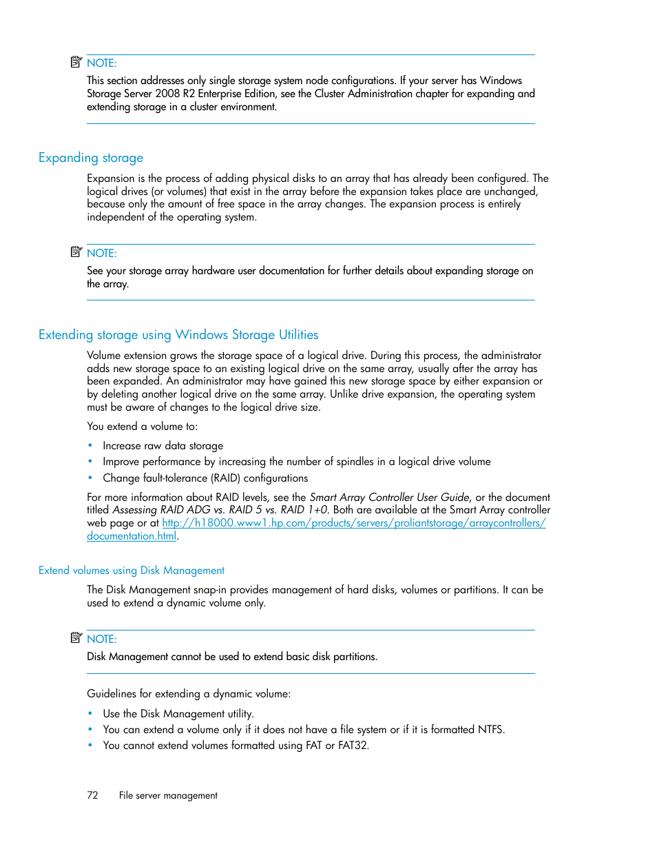 Expanding storage, Extending storage using windows storage utilities, Extend volumes using disk management | HP StoreVirtual 4000 Storage User Manual | Page 72 / 128