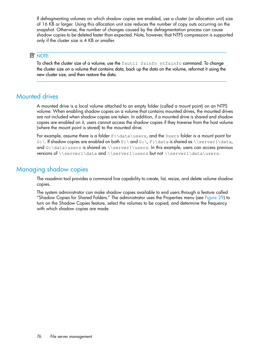 Mounted drives, Managing shadow copies, 76 managing shadow copies | HP StoreVirtual 4000 Storage User Manual | Page 76 / 128