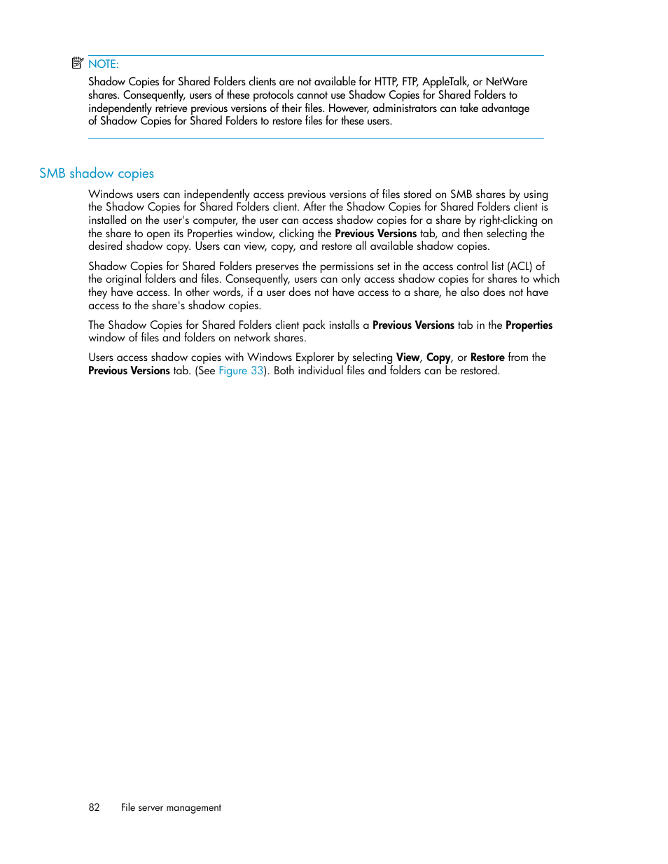 Smb shadow copies | HP StoreVirtual 4000 Storage User Manual | Page 82 / 128