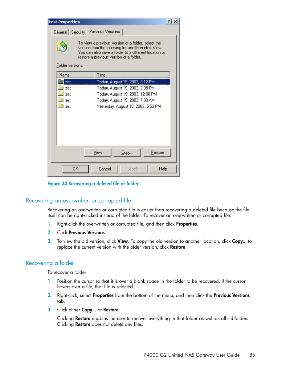 Recovering an overwritten or corrupted file, Recovering a folder, 85 recovering a folder | Recovering a deleted file or folder | HP StoreVirtual 4000 Storage User Manual | Page 85 / 128