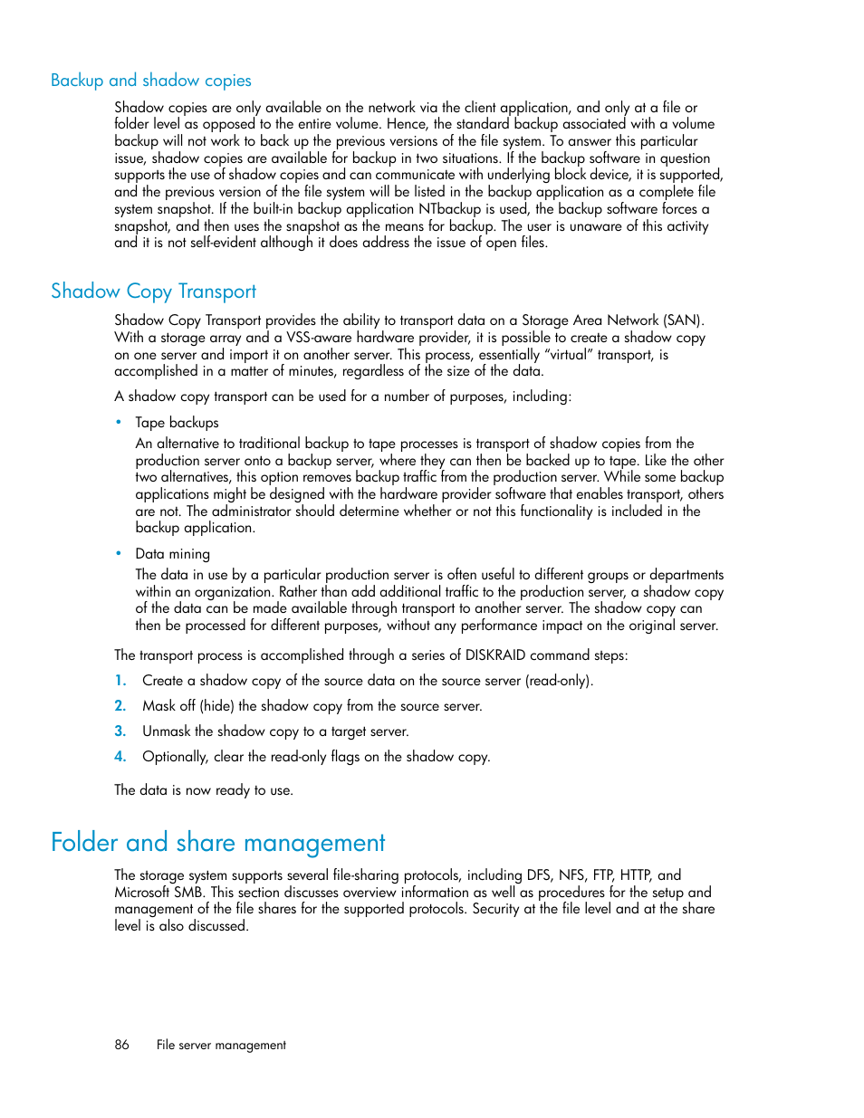 Backup and shadow copies, Shadow copy transport, Folder and share management | HP StoreVirtual 4000 Storage User Manual | Page 86 / 128