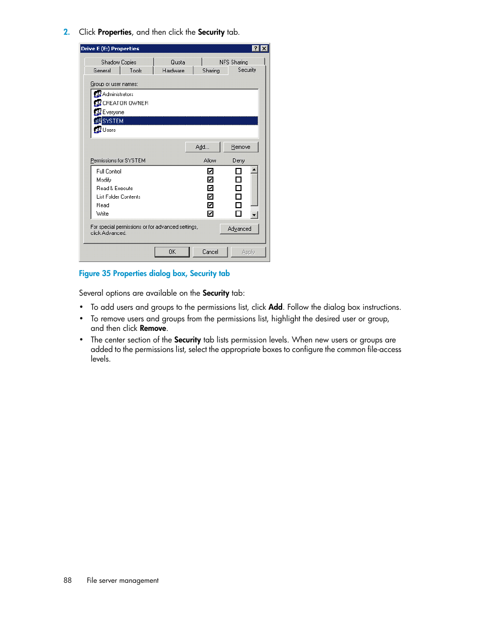 Properties dialog box, security tab | HP StoreVirtual 4000 Storage User Manual | Page 88 / 128