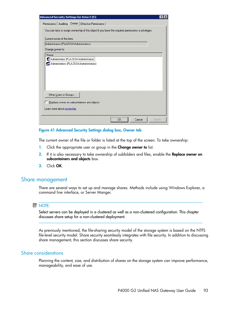 Share management, Share considerations, Advanced security settings dialog box, owner tab | HP StoreVirtual 4000 Storage User Manual | Page 93 / 128