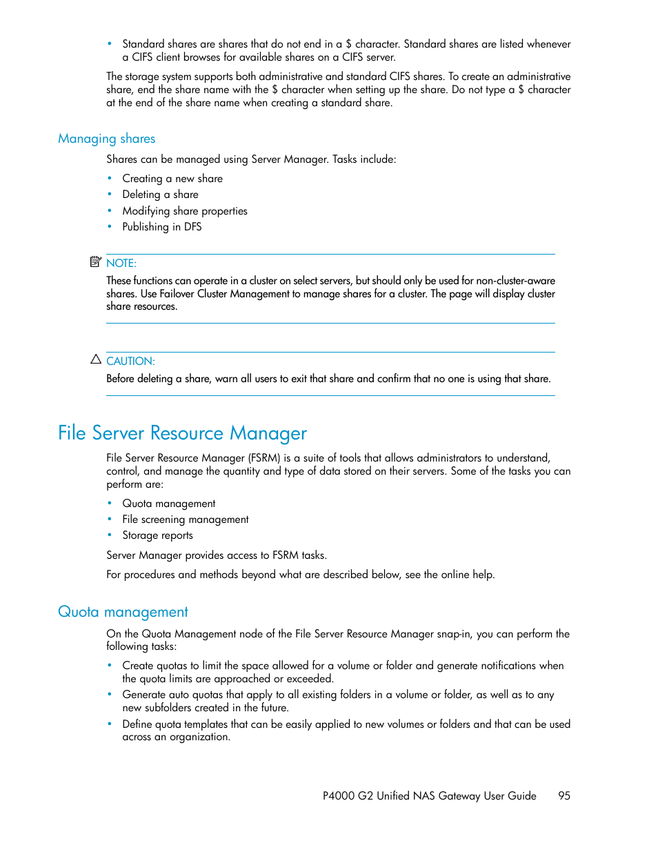 Managing shares, File server resource manager, Quota management | HP StoreVirtual 4000 Storage User Manual | Page 95 / 128