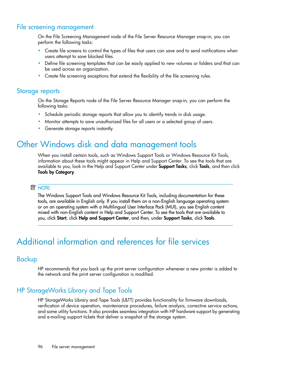 File screening management, Storage reports, Other windows disk and data management tools | Backup, Hp storageworks library and tape tools, 96 storage reports, 96 hp storageworks library and tape tools | HP StoreVirtual 4000 Storage User Manual | Page 96 / 128