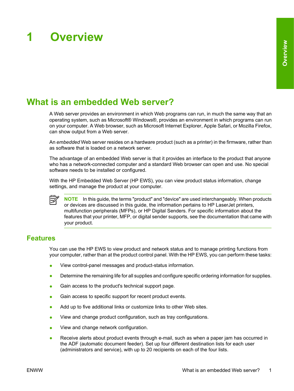 Overview, What is an embedded web server, Features | 1 overview, 1overview | HP 9250c Digital-Sender User Manual | Page 11 / 98